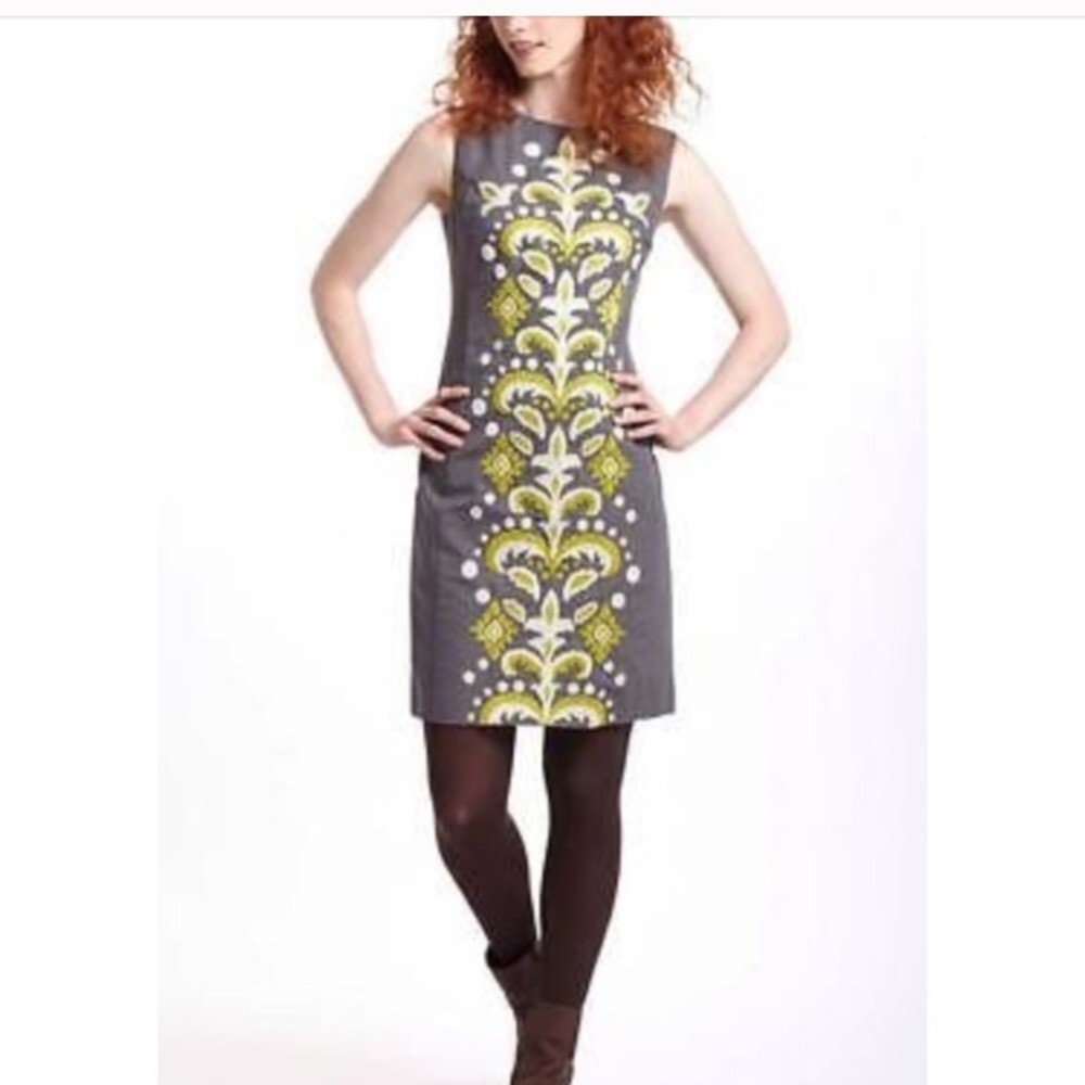 Anthropologie gray sleeveless embroidered dress